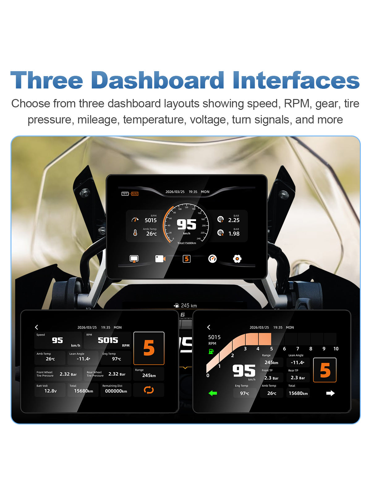 Linkifun MT18A Pro DVR 7-inch BMW motorcycle display with three dashboard modes showing speed, RPM, gear, tire pressure, mileage and vehicle data.