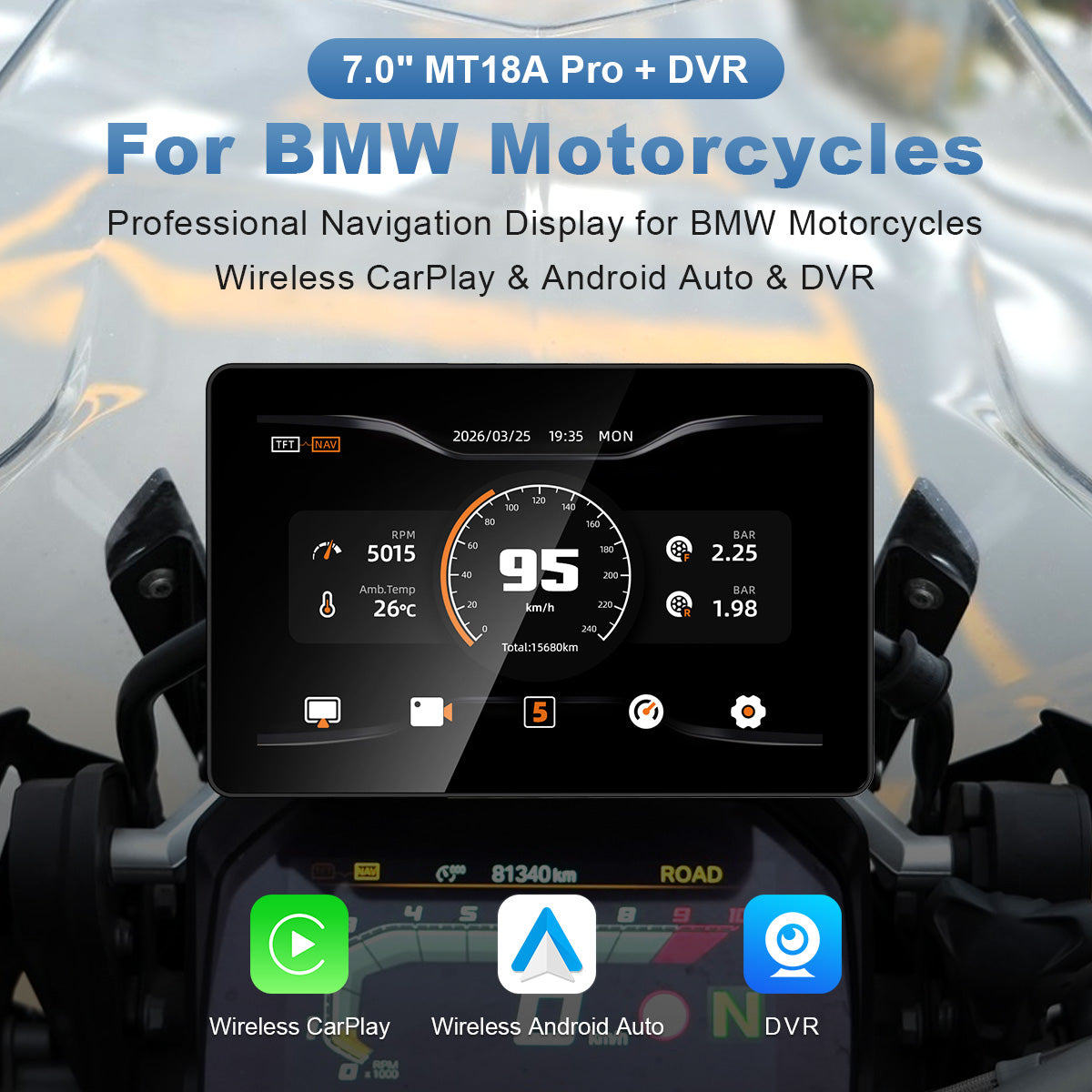 Écran de moto Linkifun MT18A Pro avec DVR 7,0" pour BMW, CarPlay et Android Auto sans fil, molette Wonder Wheel, double DVR 1080P