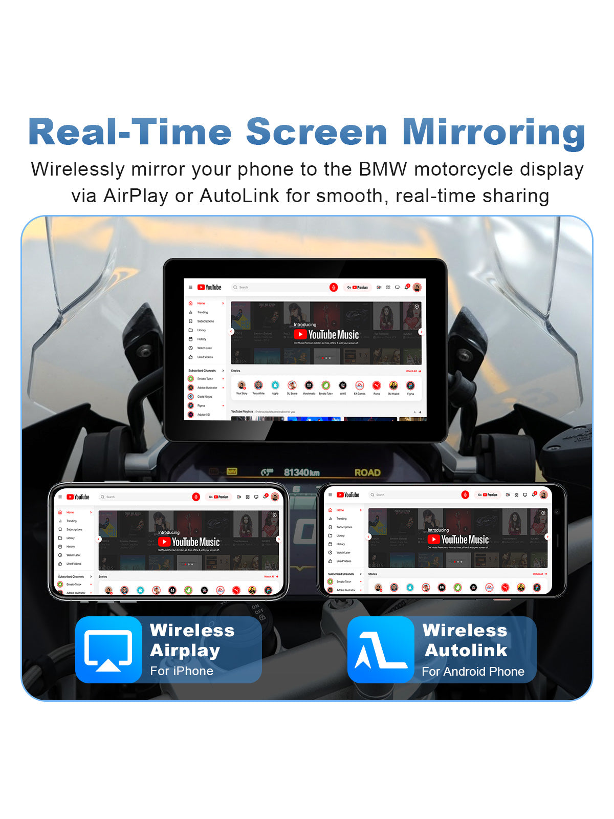 Linkifun MT18A Pro DVR 7-inch BMW motorcycle display with wireless phone screen mirroring via AirPlay for iPhone and AutoLink for Android.
