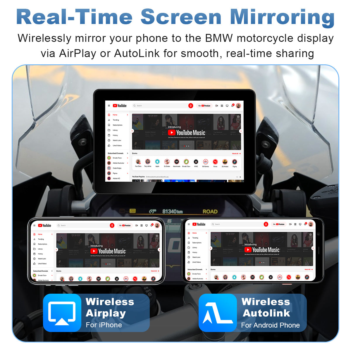 Écran de moto Linkifun MT18A Pro avec DVR 7,0" pour BMW, CarPlay et Android Auto sans fil, molette Wonder Wheel, double DVR 1080P