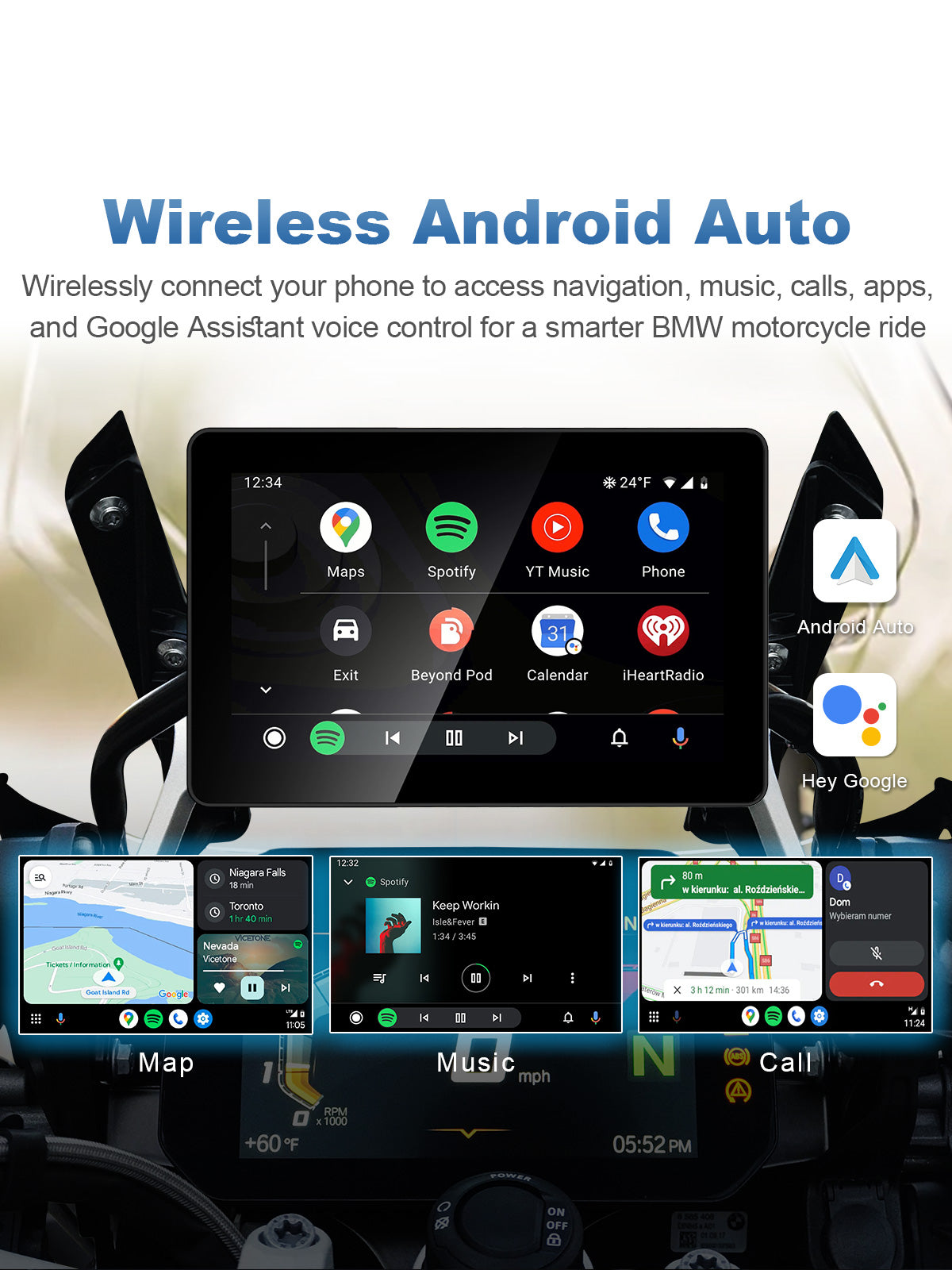 Linkifun MT18A Pro DVR BMW motorcycle display with wireless Android Auto, Wonder Wheel, touchscreen and Google Assistant voice control.