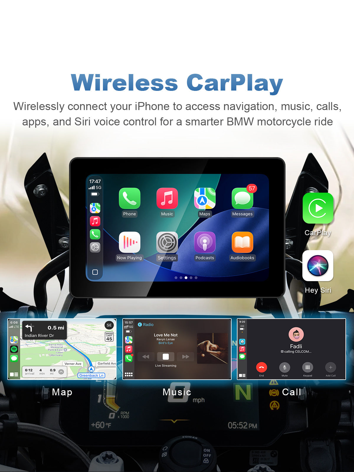 Linkifun MT18A Pro DVR BMW motorcycle display with wireless Apple CarPlay, Wonder Wheel, touchscreen and Siri voice control.