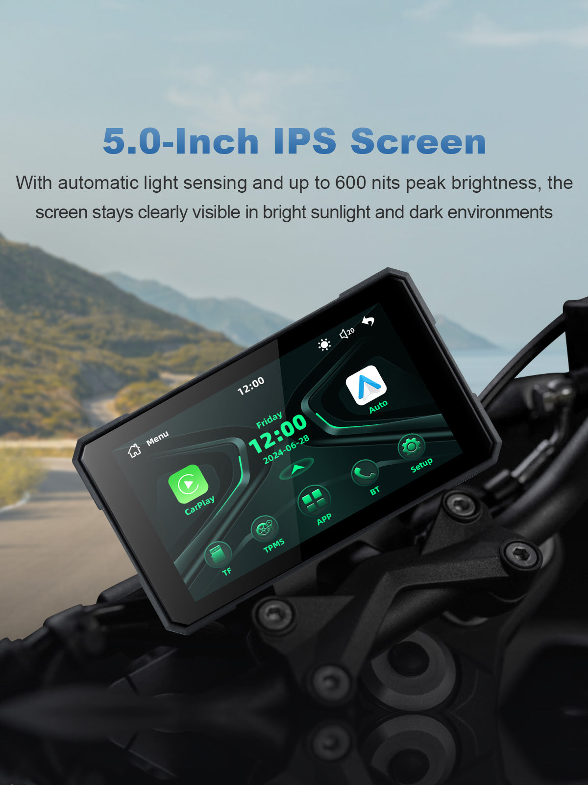 Linkifun MT19 5-inch IPS motorcycle display with automatic brightness adjustment and up to 800-nit outdoor visibility.