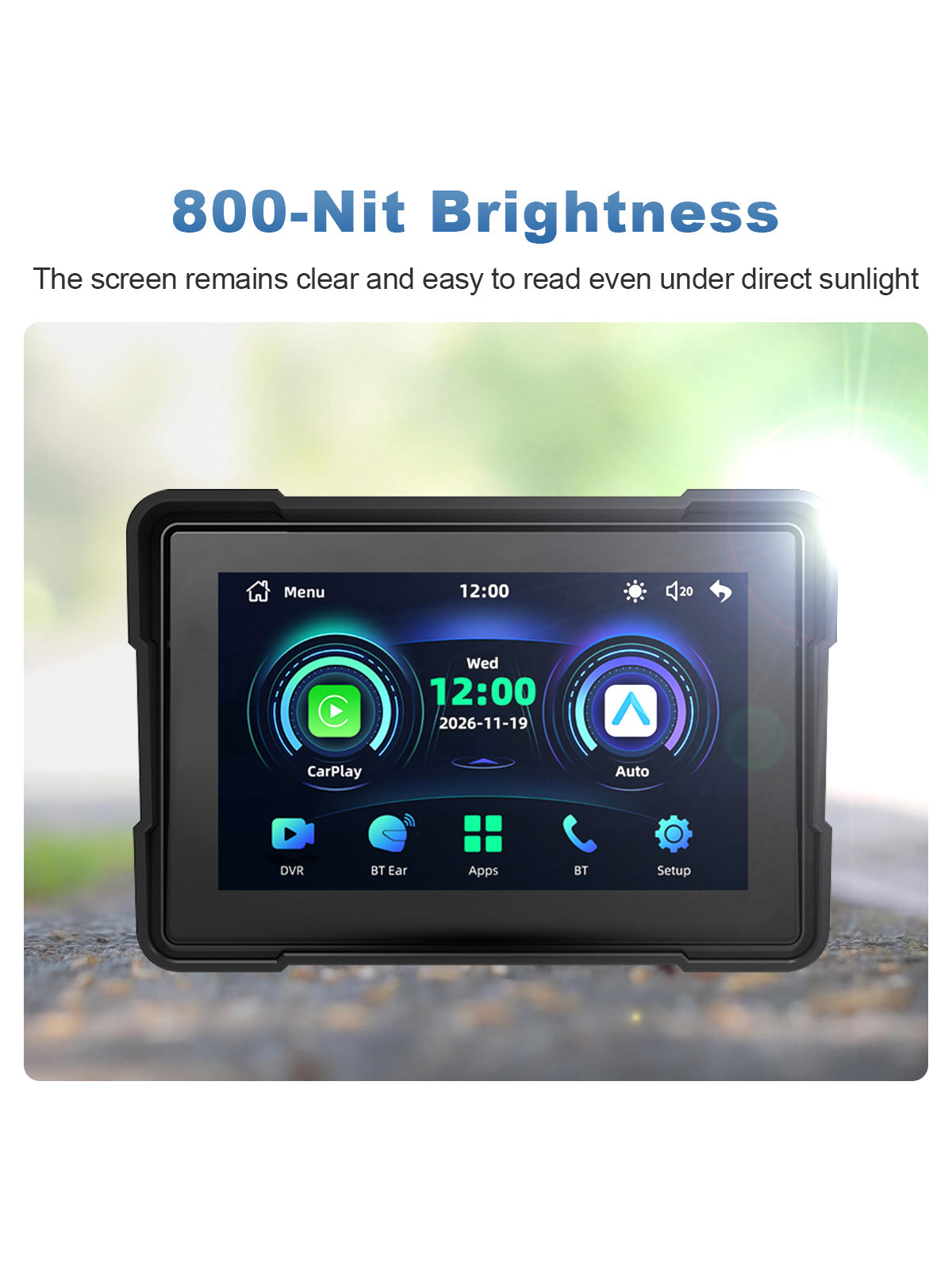 Linkifun MT19 motorcycle navigation screen with 800-nit brightness for clear viewing of maps, music, calls, and riding information in sunlight.