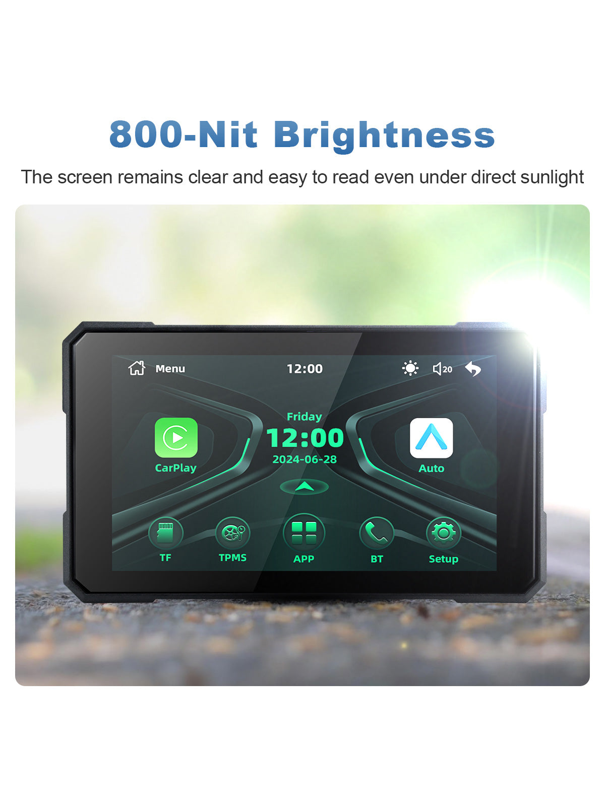 Linkifun MT19 motorcycle navigation screen with 800-nit brightness for clear viewing of maps, music, calls, and riding information in sunlight.