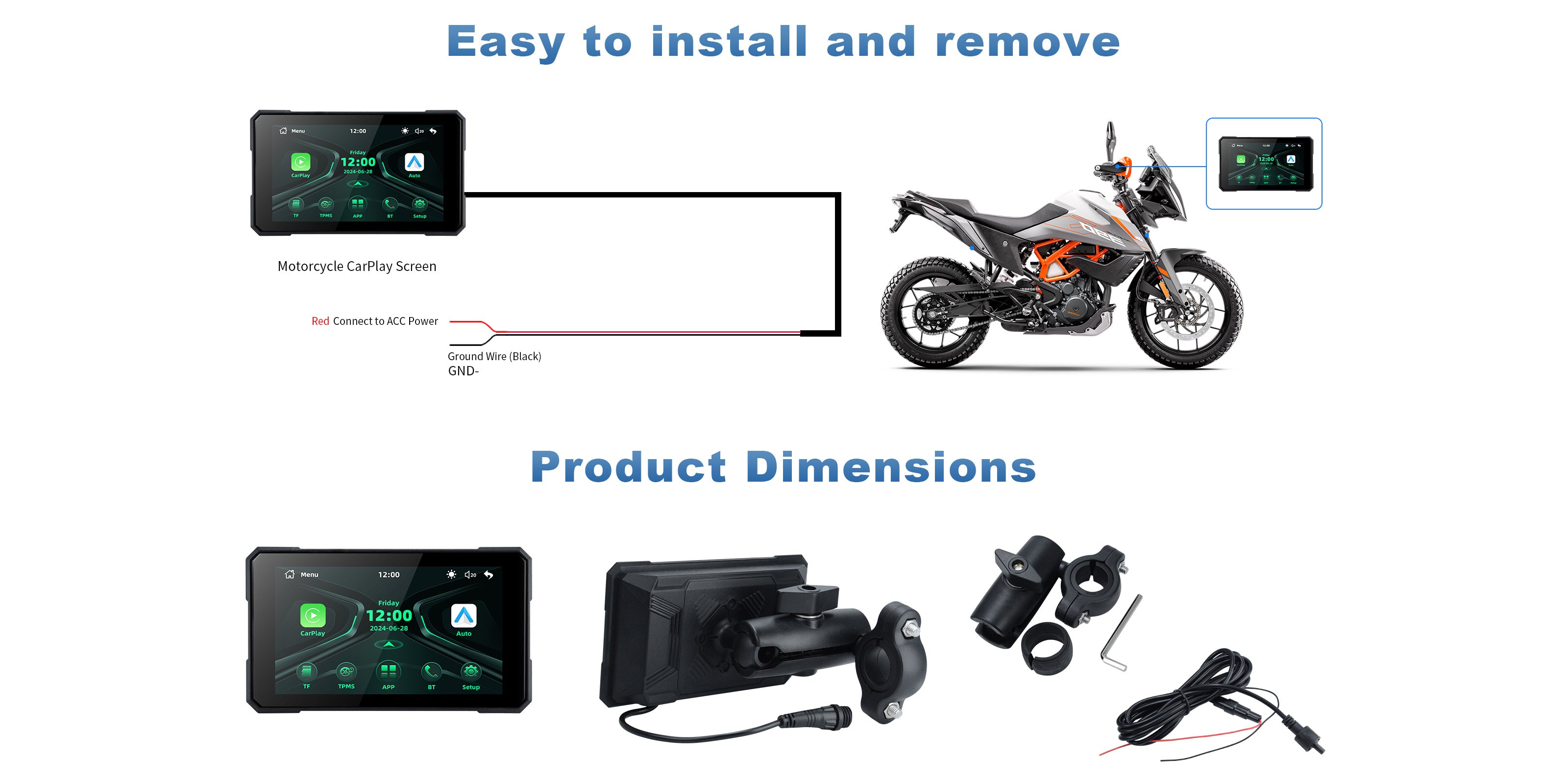 Linkifun MT19 motorcycle navigation screen showing the wiring installation, product dimensions, handlebar mounting bracket, power cable, and included accessories.