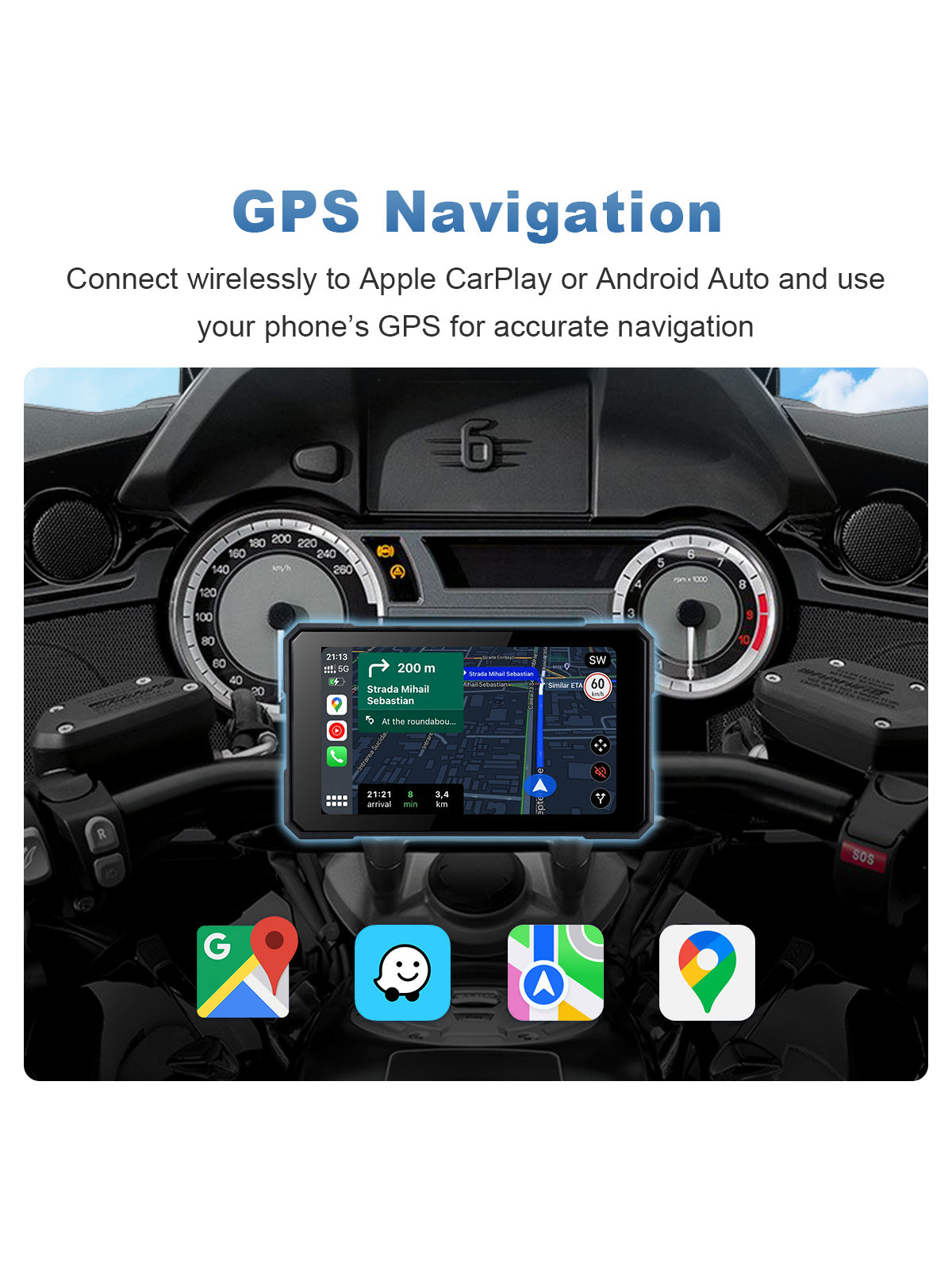 Linkifun MT19 motorcycle display using smartphone GPS through wireless Apple CarPlay or Android Auto with Google Maps, Waze, and Apple Maps navigation.