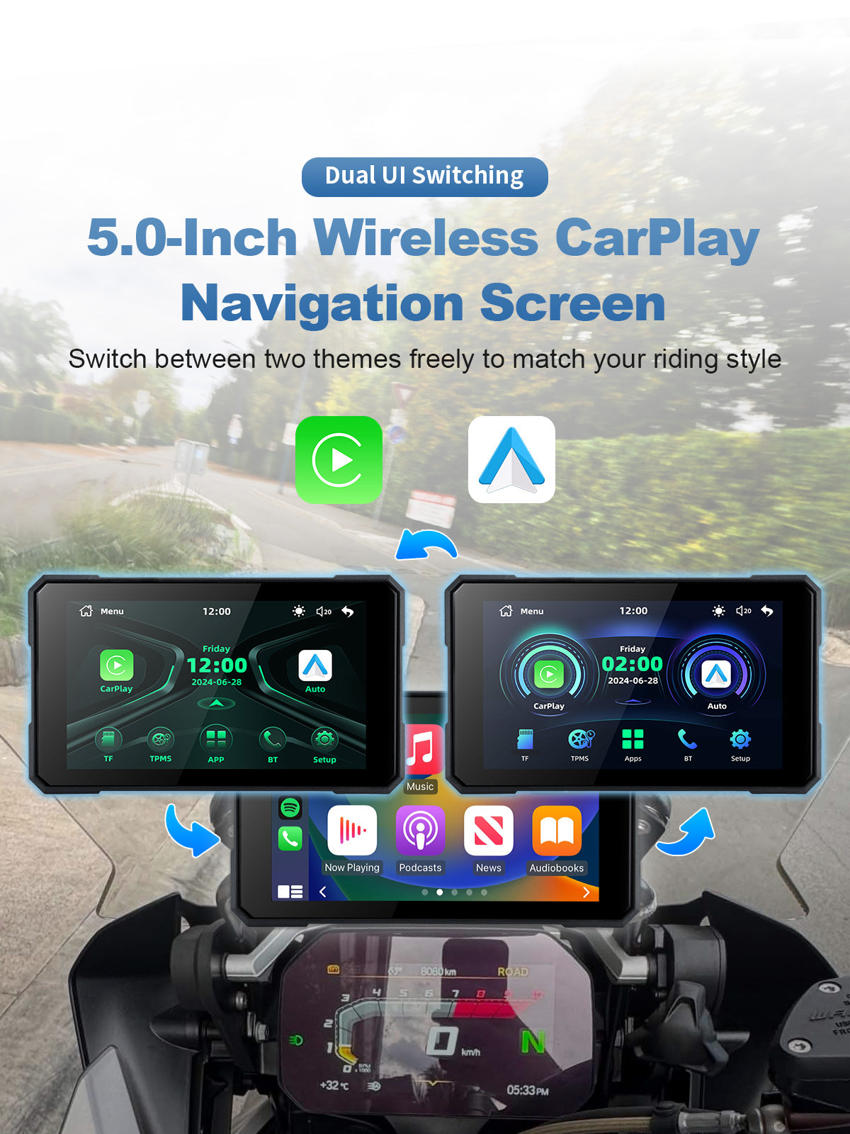 Linkifun MT19 motorcycle navigation screen with wireless Apple CarPlay, Android Auto, and smartphone screen mirroring support.