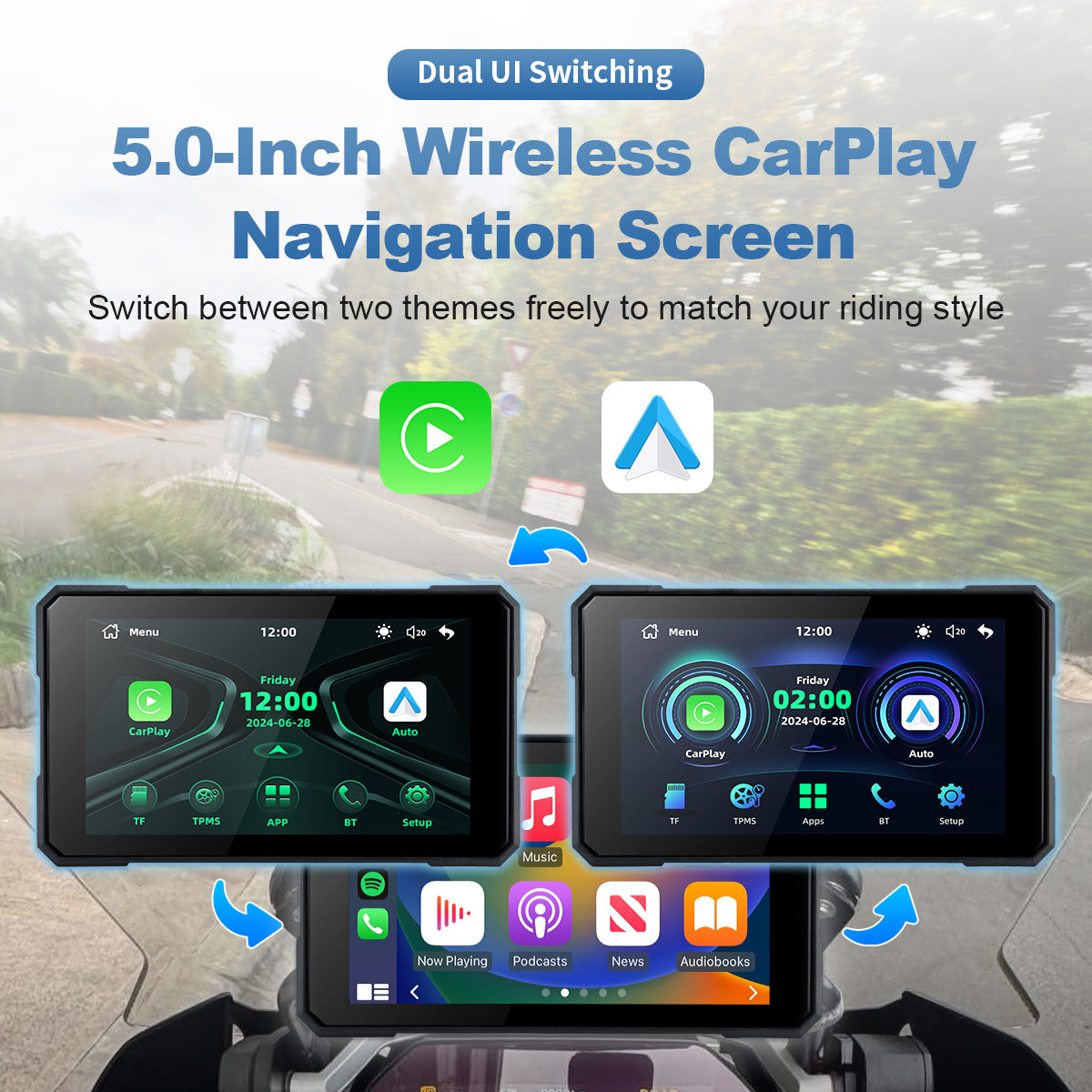 Linkifun™ MT19 5" Smart Motorcycle Display with Wireless CarPlay & Android Auto, Screen Mirroring, Bluetooth 5.0, IP67 Protection, Optional TPMS