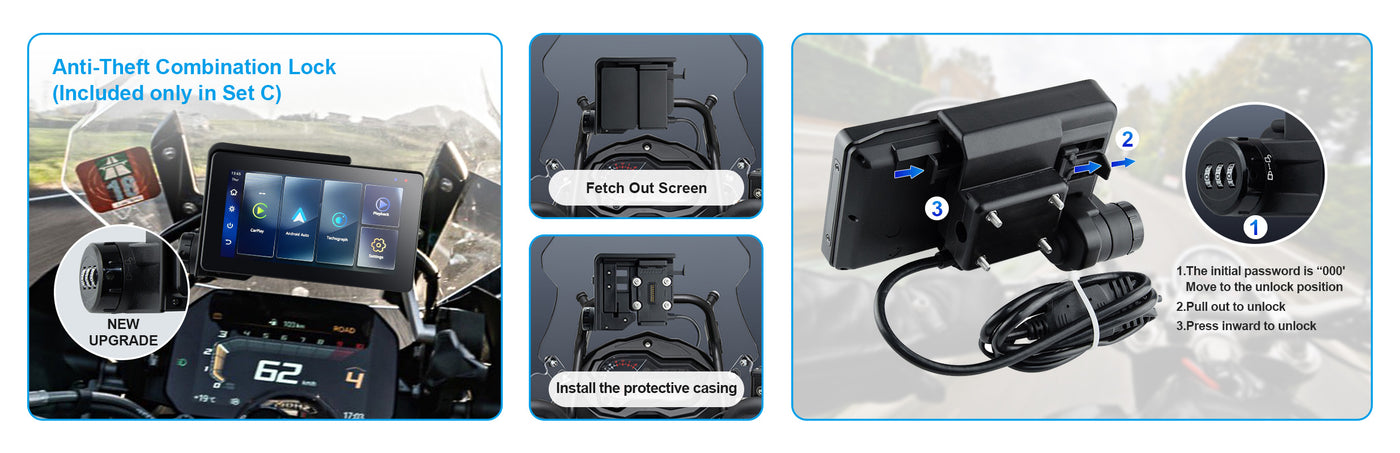 Linkifun MT20 MT30 BMW motorcycle navigation screen Set C includes anti-theft combination lock for added security.