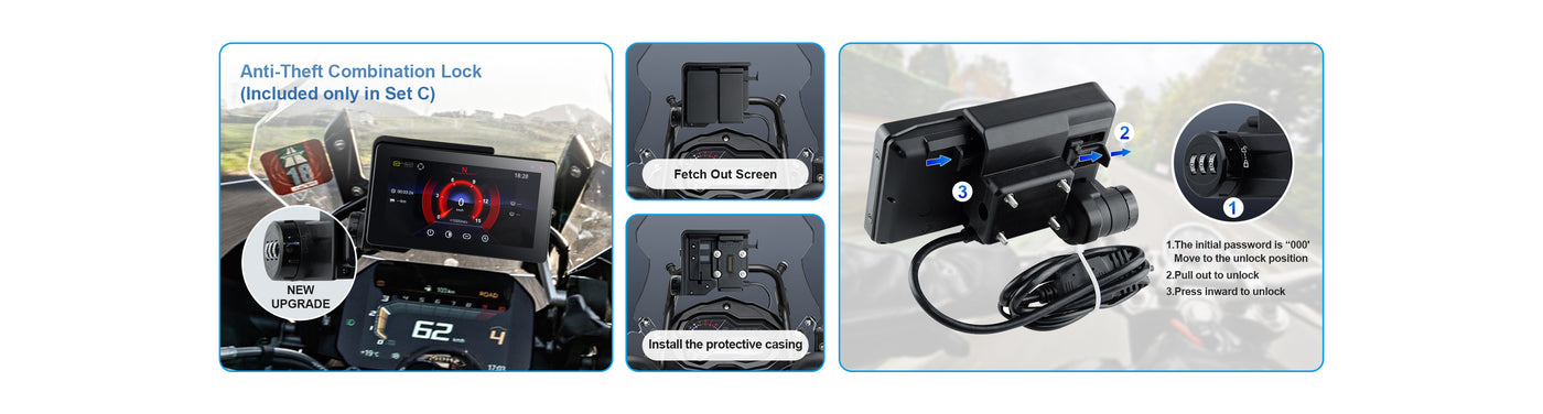 Linkifun MT20 MT30 BMW motorcycle navigation screen Set C includes anti-theft combination lock for added security.