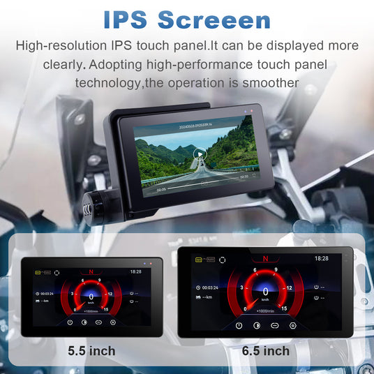 Linkifun MT20 MT30 BMW motorcycle navigation screen with 5.5-inch and 6.5-inch IPS touchscreen display, high resolution and smooth control.