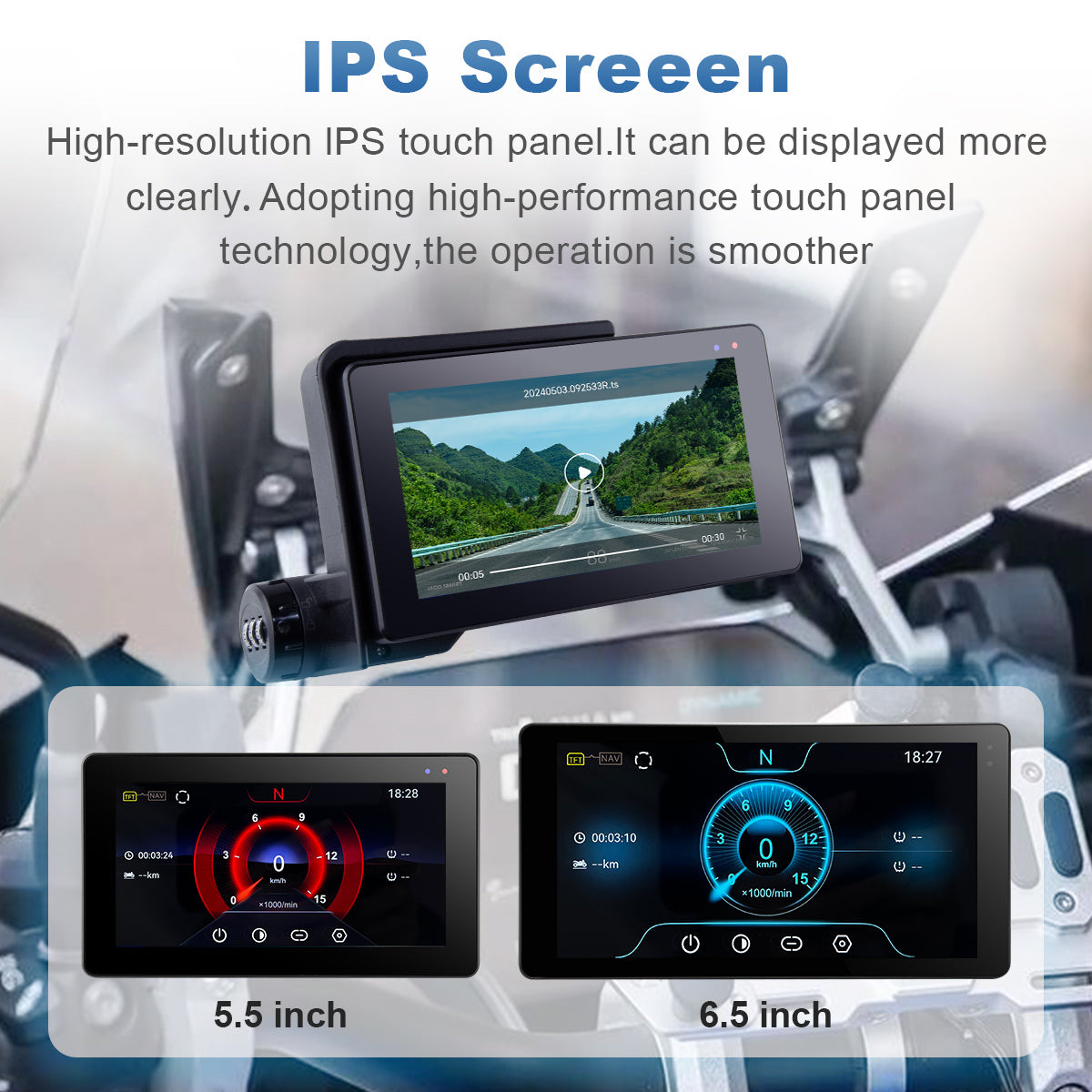 Linkifun MT20 MT30 BMW motorcycle navigation screen with 5.5-inch and 6.5-inch IPS touchscreen display, high resolution and smooth control.