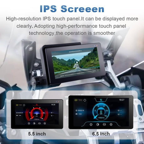 Linkifun MT20 MT30 BMW motorcycle navigation screen with 5.5-inch and 6.5-inch IPS touchscreen display, high resolution and smooth control.