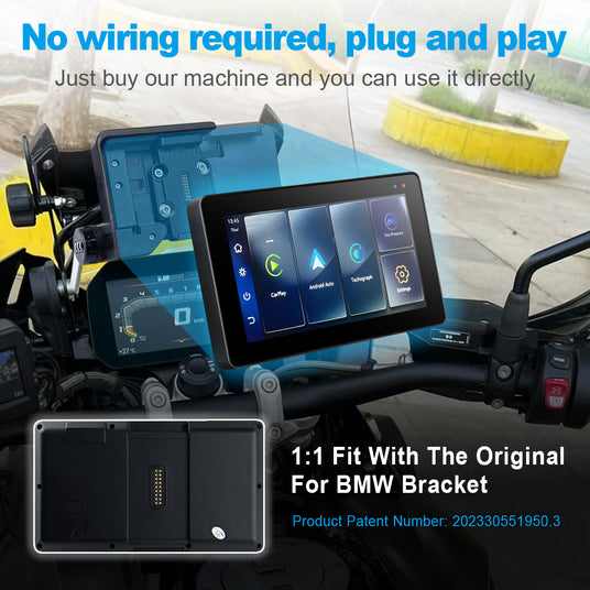 Linkifun MT20 MT30 BMW motorcycle navigation screen with 1:1 OEM bracket fit and plug-and-play installation using original BMW mounting system.
