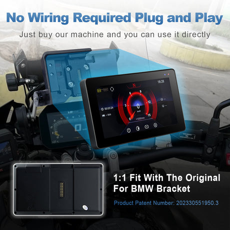 Linkifun MT20 MT30 BMW motorcycle navigation screen with 1:1 OEM bracket fit and plug-and-play installation using original BMW mounting system.