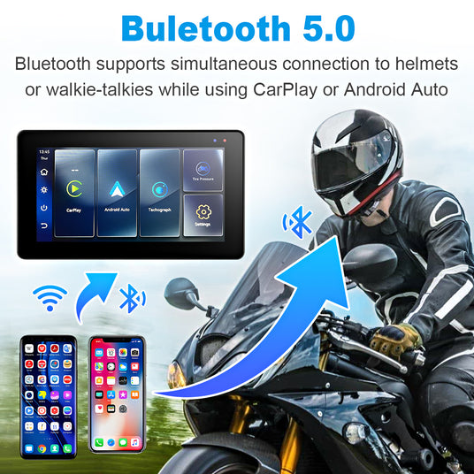 Linkifun MT20 MT30 motorcycle navigation screen with Bluetooth 5.0 supports wireless CarPlay and headset connection through smartphone pairing.