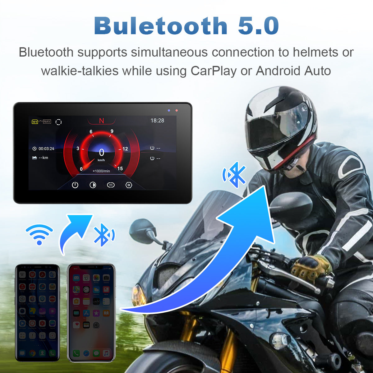 Linkifun MT20 MT30 motorcycle navigation screen with Bluetooth 5.0 supports wireless CarPlay and headset connection through smartphone pairing.