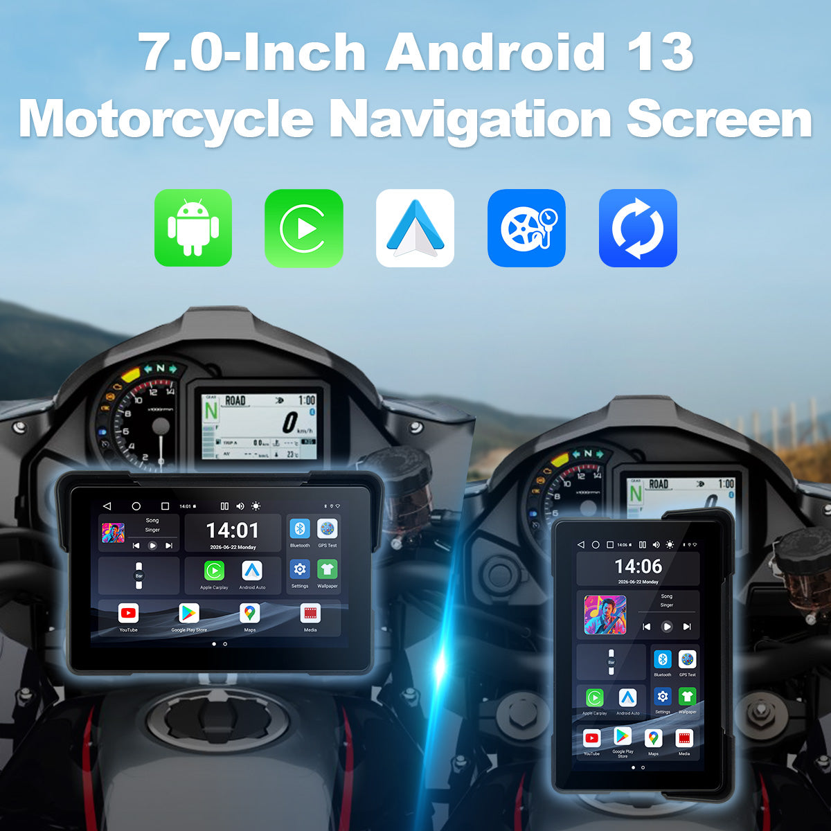 Linkifun™ MT22 7インチ Android 13 オートバイ用ナビゲーションスクリーン（ワイヤレスCarPlay＆Android Auto、GPS、自動回転、Google Play対応、オプションのTPMS、IP67）