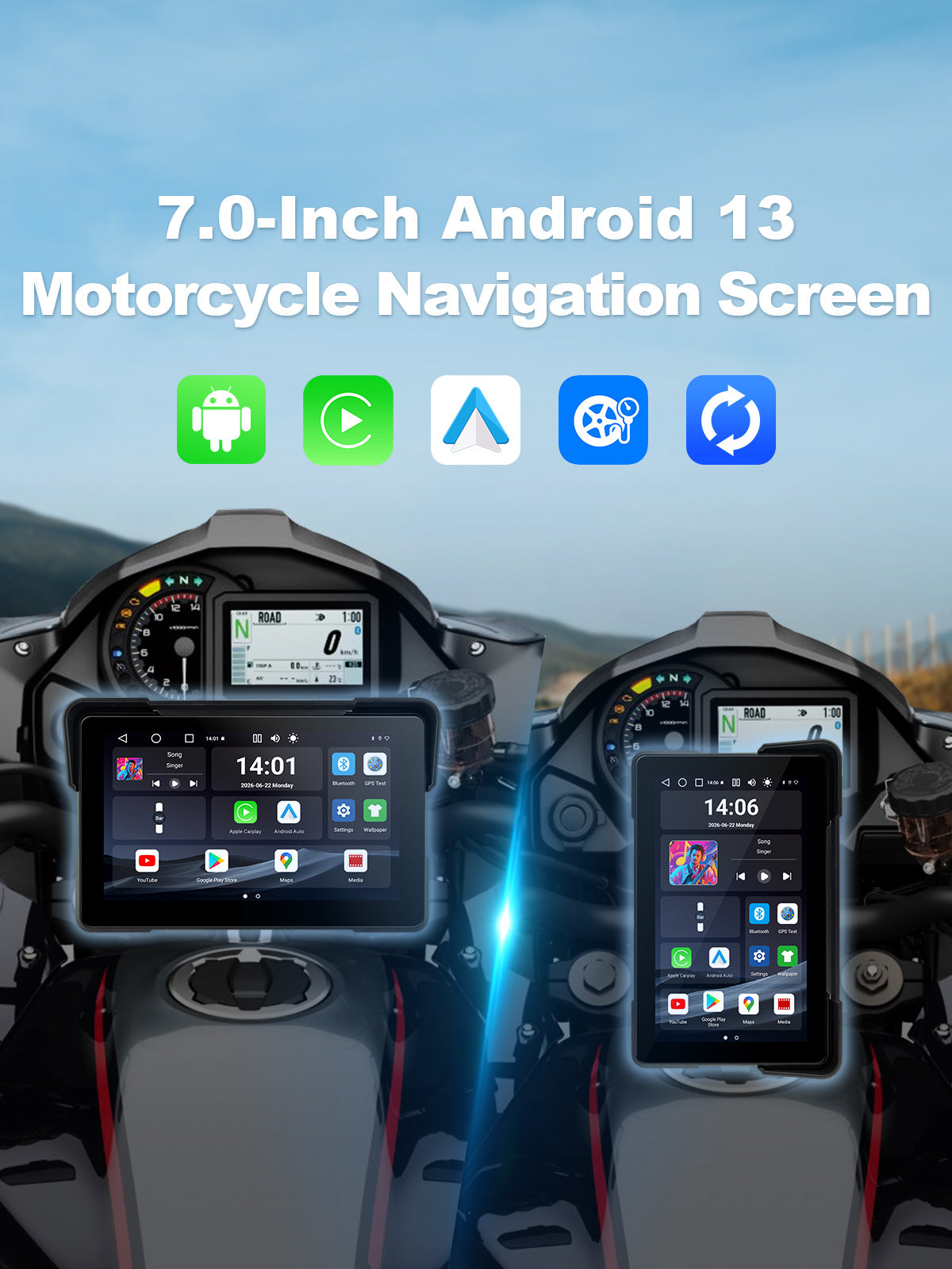 Linkifun MT22 7-inch Android 13 motorcycle navigation screen with wireless Apple CarPlay, Android Auto, Google Play Store, and automatic portrait and landscape screen rotation