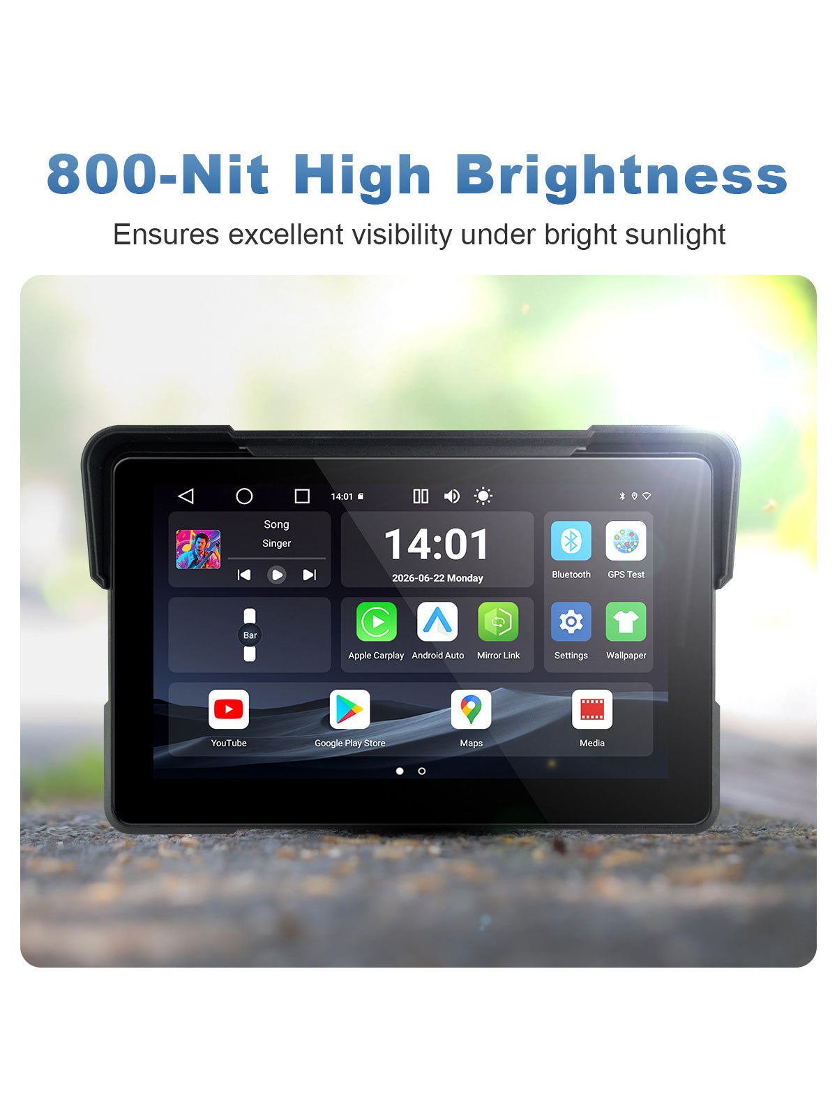 Linkifun MT22 7-inch motorcycle navigation screen with an 800-nit high-brightness display for clear viewing in bright sunlight and daytime riding