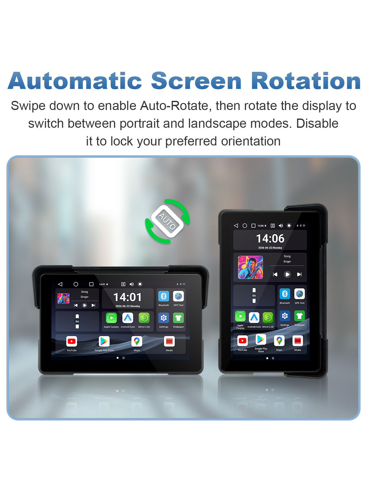 Linkifun MT22 7-inch motorcycle navigation screen with automatic rotation between portrait and landscape display modes