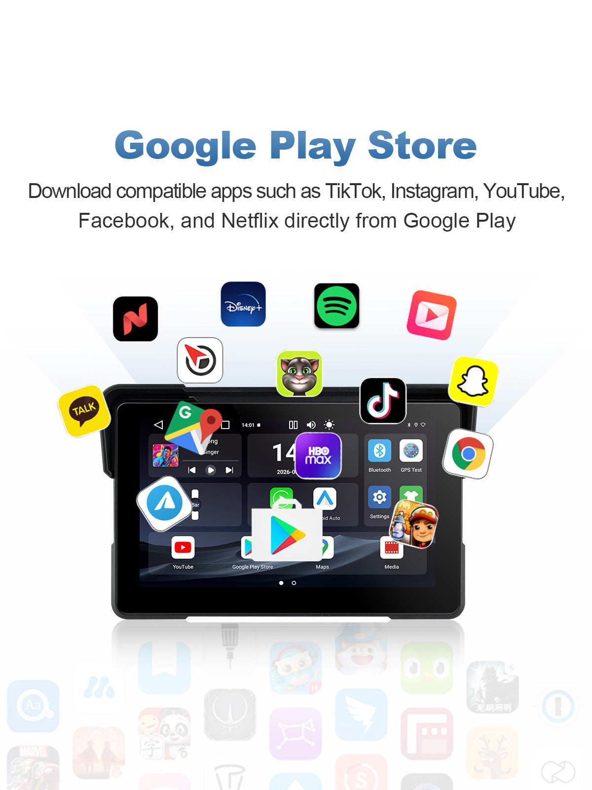 Linkifun MT22 7-inch motorcycle navigation screen with Google Play Store access for downloading compatible navigation, music, social media, and entertainment apps