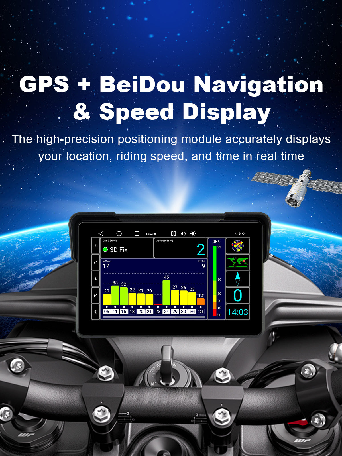 Linkifun MT22 7-inch motorcycle navigation screen with GPS and BeiDou positioning, real-time location, riding speed, time, and satellite status display