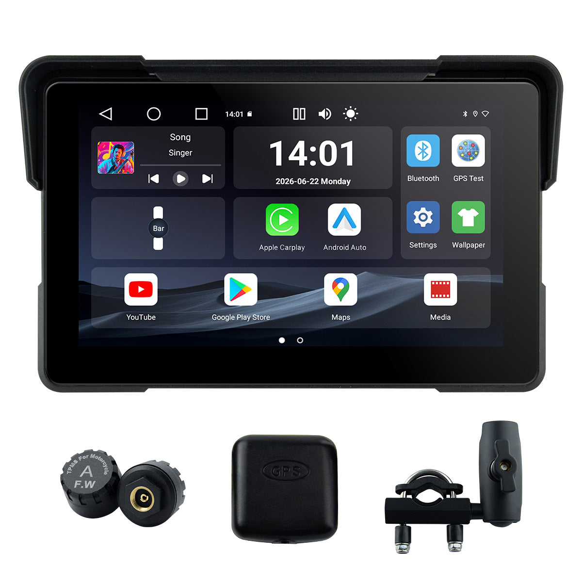 Linkifun™ MT22 7インチ Android 13 オートバイ用ナビゲーションスクリーン（ワイヤレスCarPlay＆Android Auto、GPS、自動回転、Google Play対応、オプションのTPMS、IP67）
