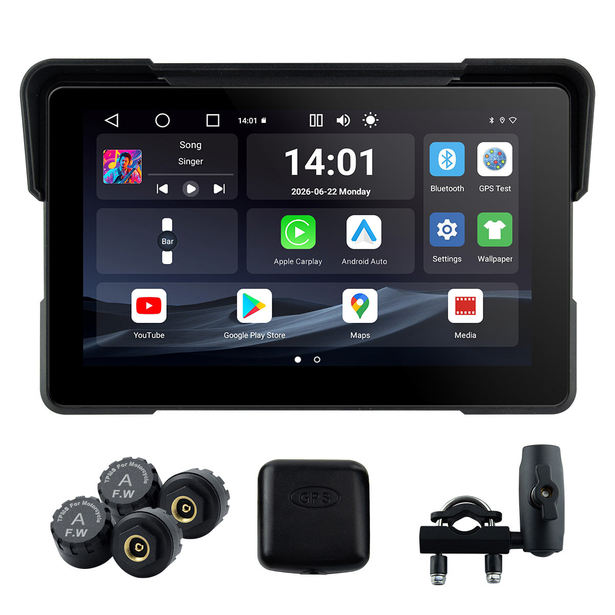 Linkifun™ MT23 6インチバイク用ダッシュカム（ワイヤレスCarPlay/Android Auto、Android 14、SIMサポート、TPMS、オドメーター、GPS、DVR、マグネットマウント）