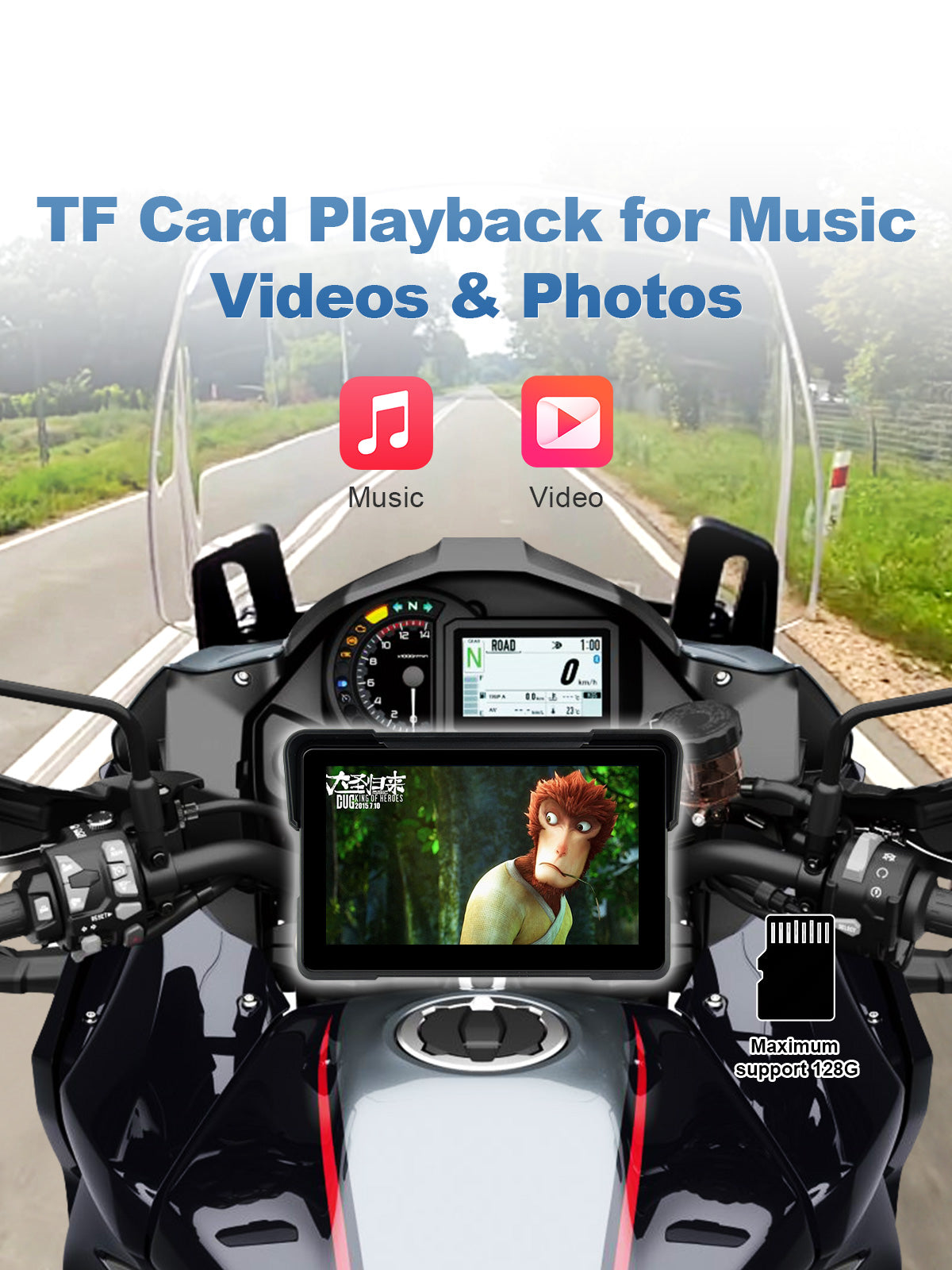 Linkifun MT22 7-inch motorcycle navigation screen supporting TF card playback for music, videos, and photos with up to 128GB storage