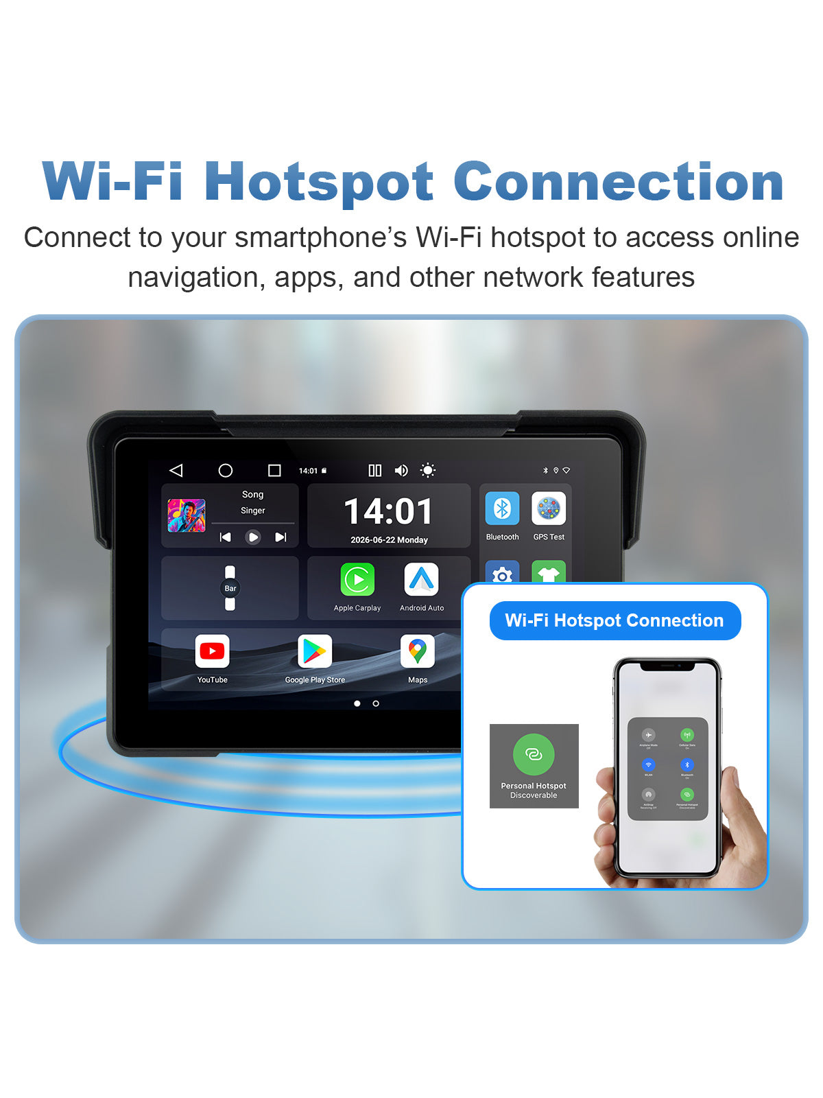 Linkifun MT22 7-inch motorcycle navigation screen connected to a smartphone Wi-Fi hotspot for online navigation, apps, music, and network features