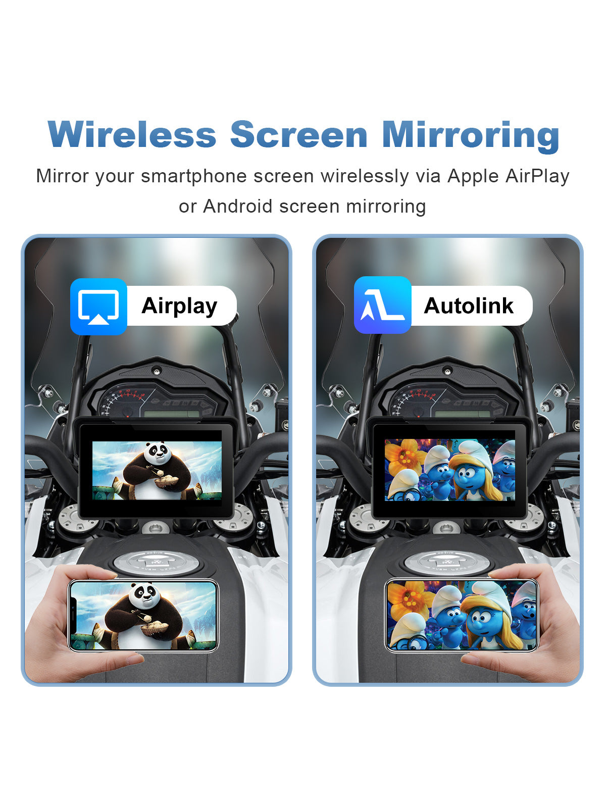 Linkifun MT22 7-inch motorcycle navigation screen with wireless screen mirroring via Apple AirPlay for iPhone and AutoLink for Android devices