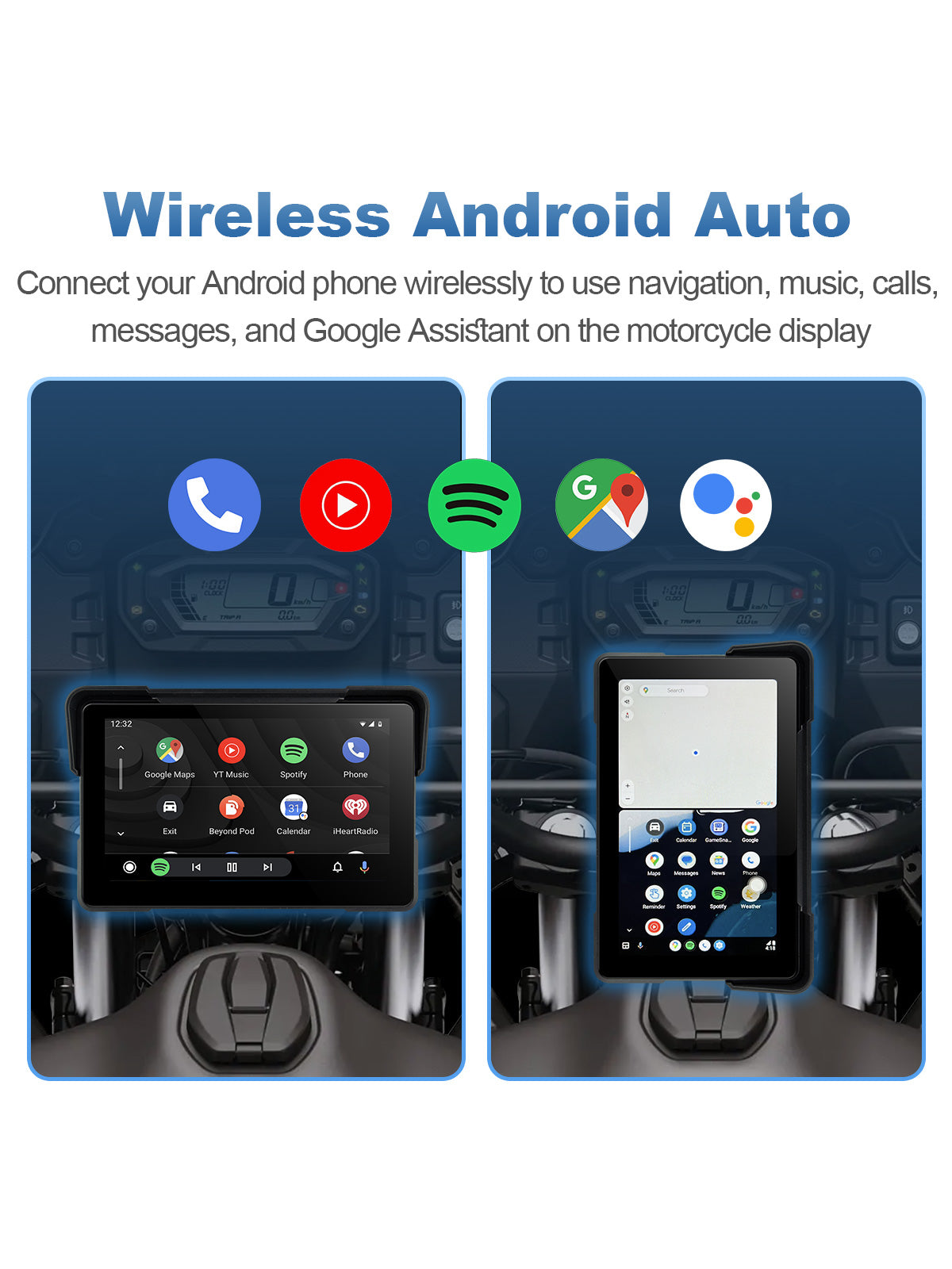 Linkifun MT22 motorcycle display with wireless Android Auto for Google Maps, music, calls, messages, Google Assistant, and portrait or landscape modes