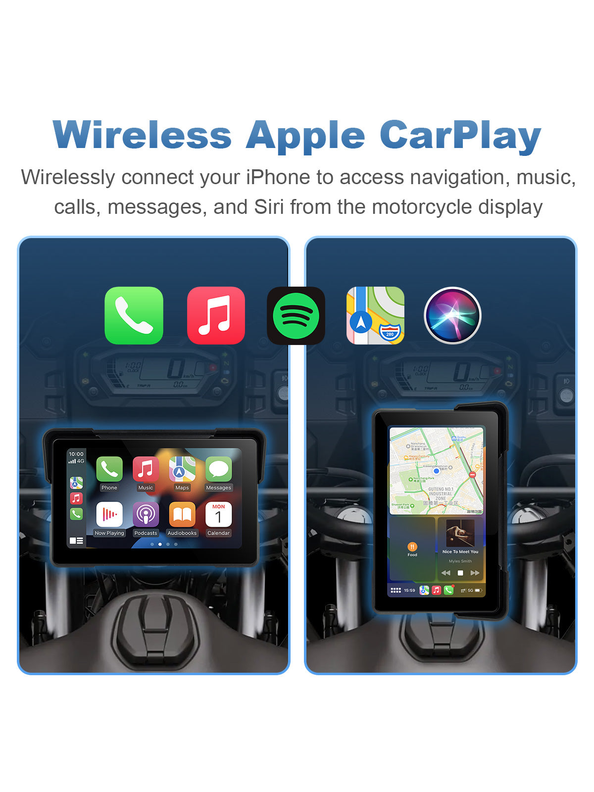 Linkifun MT22 motorcycle display with wireless Apple CarPlay for maps, music, calls, messages, Siri, and portrait or landscape viewing