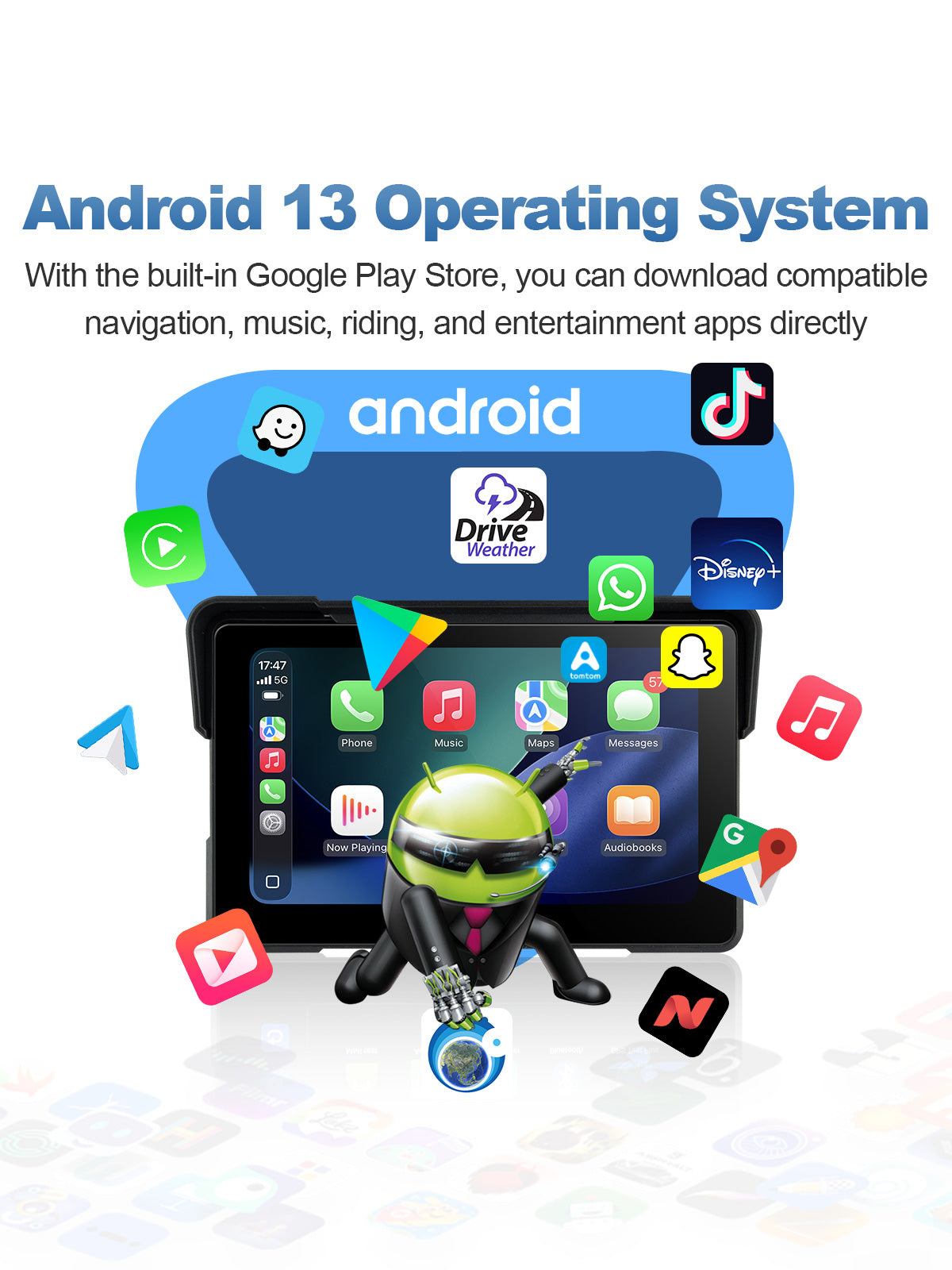 Linkifun MT22 motorcycle navigation screen with Android 13, Google Play Store access, and downloadable navigation, music, weather, and entertainment apps