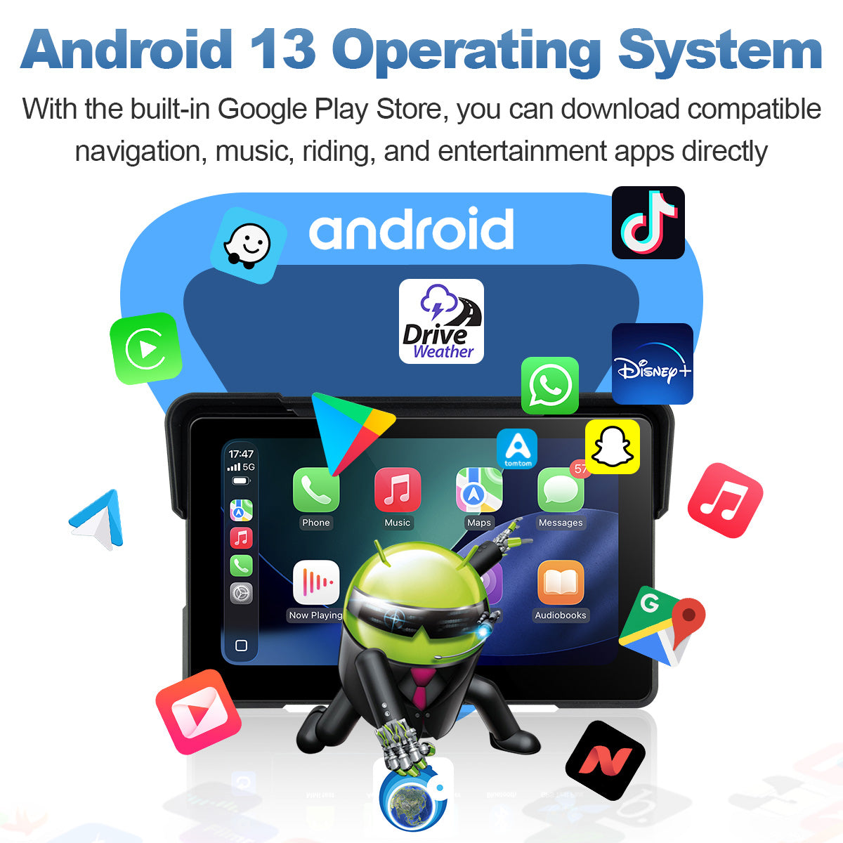 Linkifun™ MT22 7" Android 13 Motorcycle Navigation Screen with Wireless CarPlay & Android Auto, GPS, Auto-Rotation, Google Play, Optional TPMS & IP67