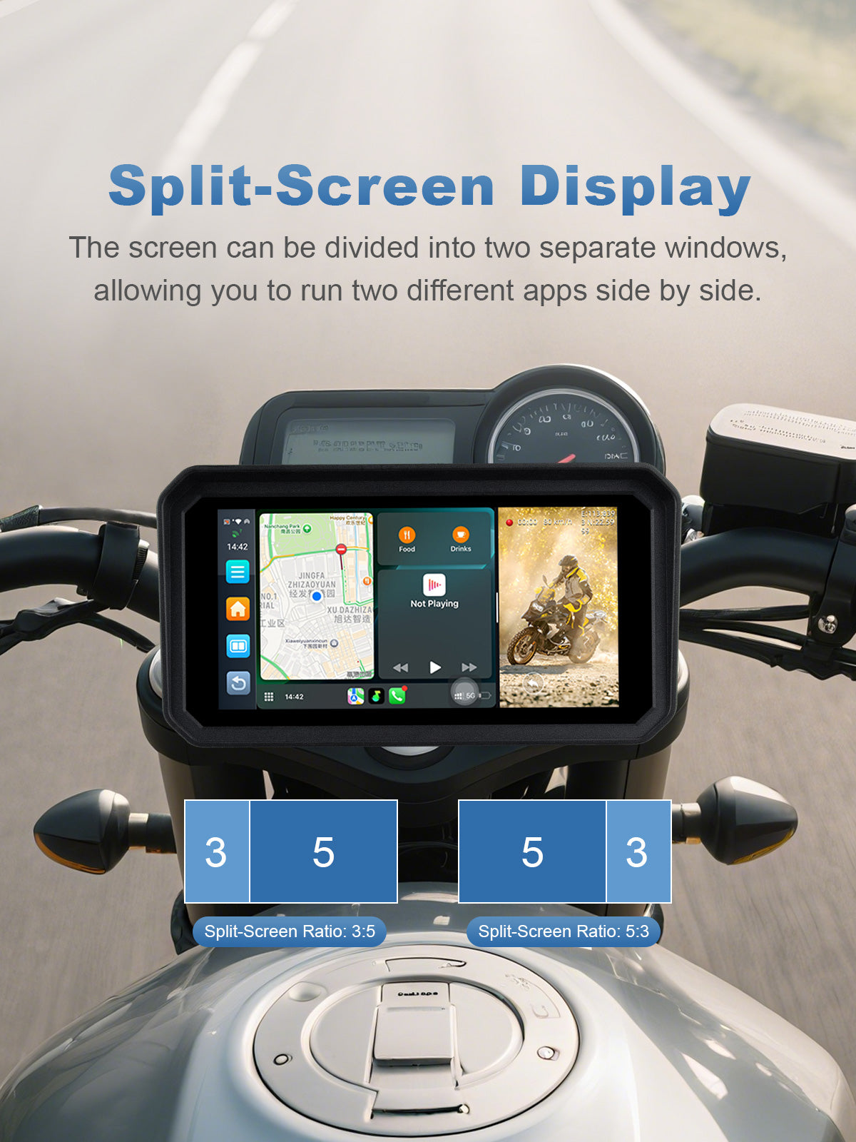 Linkifun MT23 motorcycle display with split-screen multitasking, supporting 3:5 and 5:3 layouts for navigation, music, and video viewing.