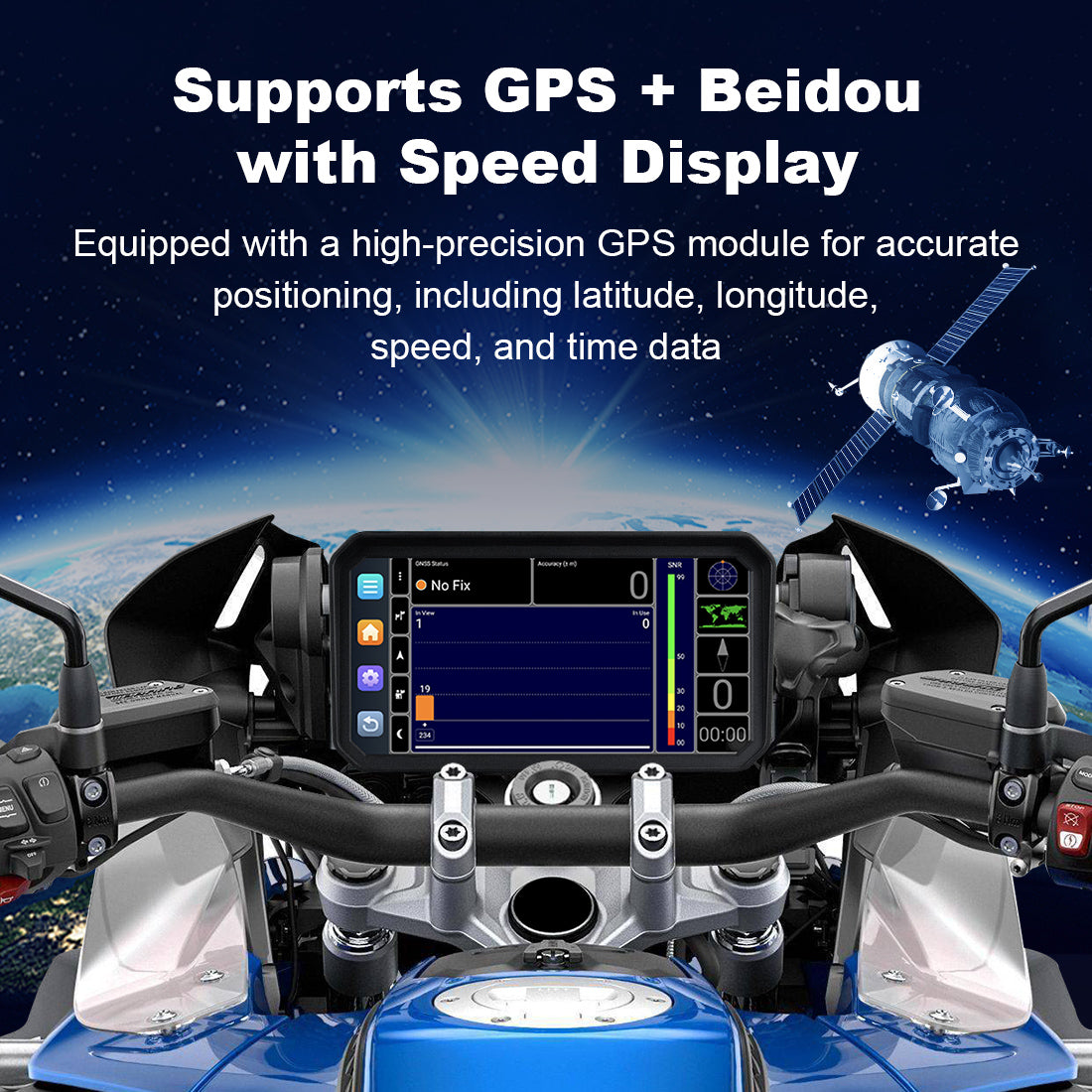 Linkifun MT23 motorcycle navigation screen with built-in GPS and Beidou for accurate, phone-free navigation and speed display.