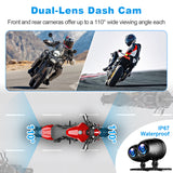 Linkifun MT23 motorcycle navigation screen with IP67 waterproof AHD 1080P front and rear dual cameras and 110° wide-angle recording.