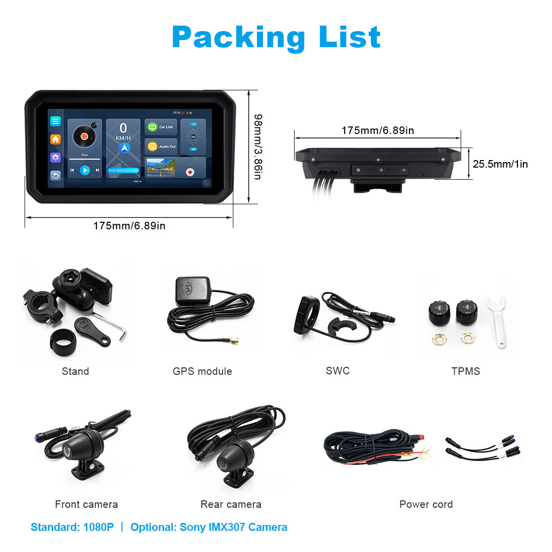 Linkifun™ MT23 6" Motorcycle Dash Cam with Wireless CarPlay/Android Auto, Android 14, SIM Support, TPMS, Odometer, GPS, DVR, Magnetic Mount