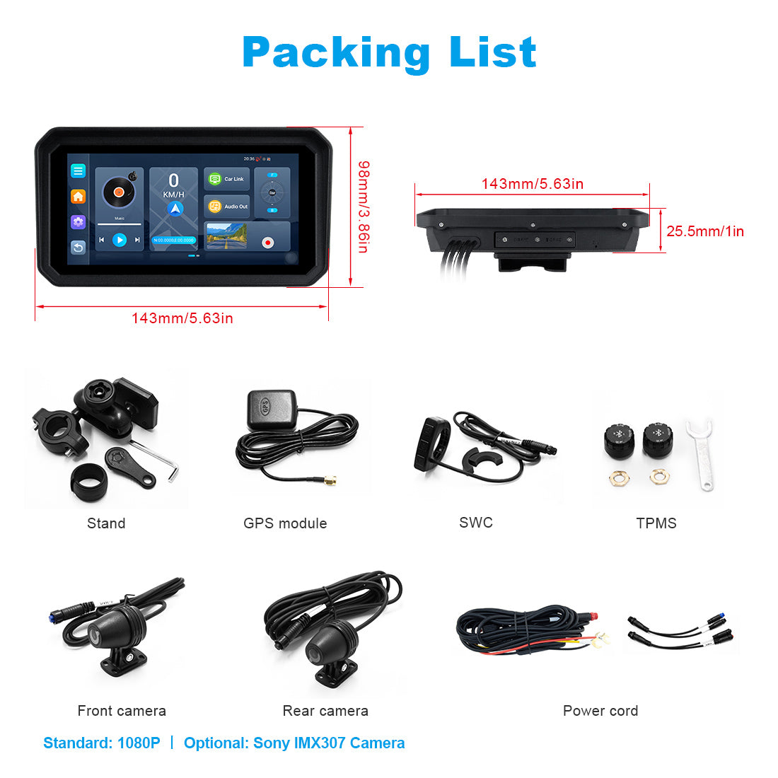 Linkifun™ MT23 6" Motorcycle Dash Cam with Wireless CarPlay/Android Auto, Android 14, SIM & AUX Support, TPMS, Odometer, GPS, DVR, Magnetic Mount
