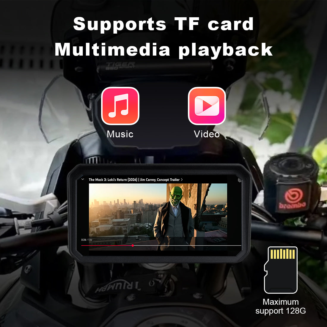 Linkifun MT23 motorcycle navigation screen supports offline multimedia playback via TF card and AUX, no phone needed.
