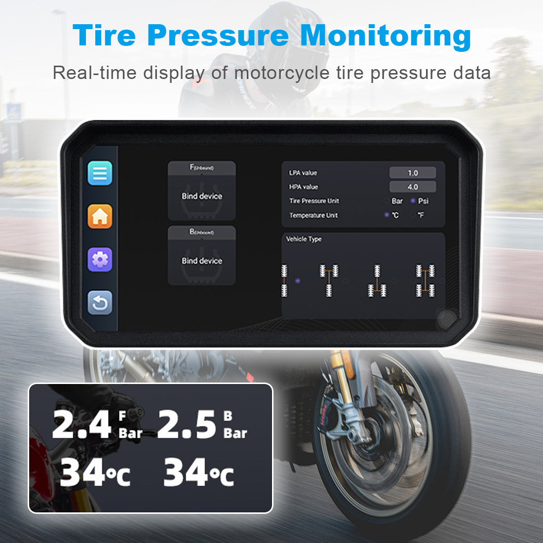 Linkifun MT23 motorcycle navigation screen with Bluetooth TPMS, includes 2 sensors and supports extra accessories for multi-bike setups