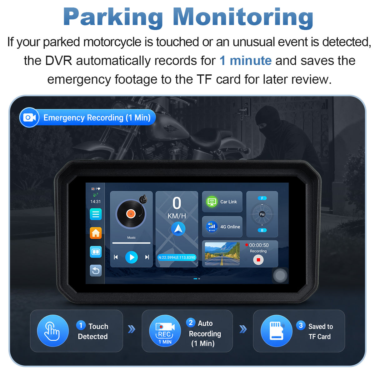 Linkifun™ MT23 6" Android 14 Motorcycle Navigation Screen with Wireless CarPlay & Android Auto, Dual 1080P DVR, 4G SIM, GPS, TPMS, Parking Monitoring & Split Screen