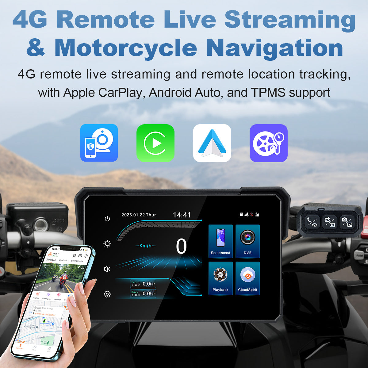 Linkifun™ MT24 7" 4G Motorcycle Smart Display – Wireless CarPlay & Android Auto, Remote Live Streaming, GPS, DVR & TPMS