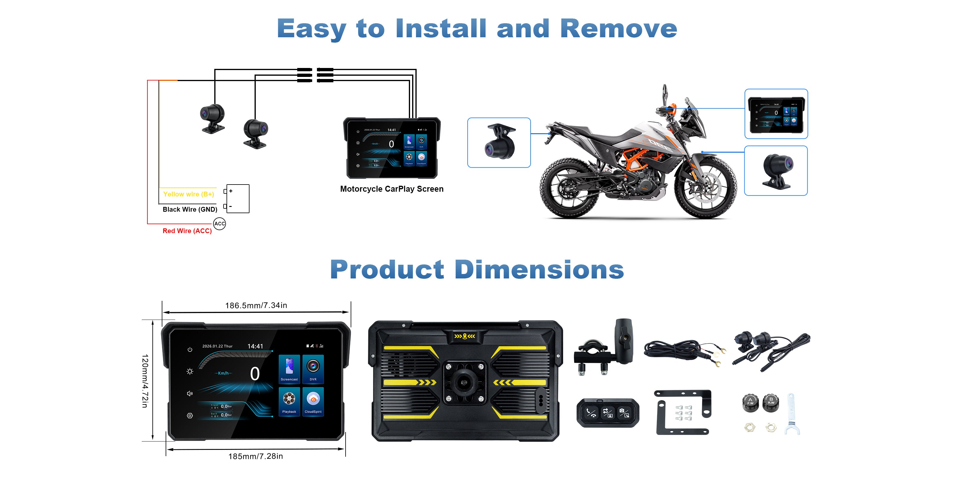 Linkifun MT24 7 inch 4G motorcycle navigation screen dash cam product specifications mobile view