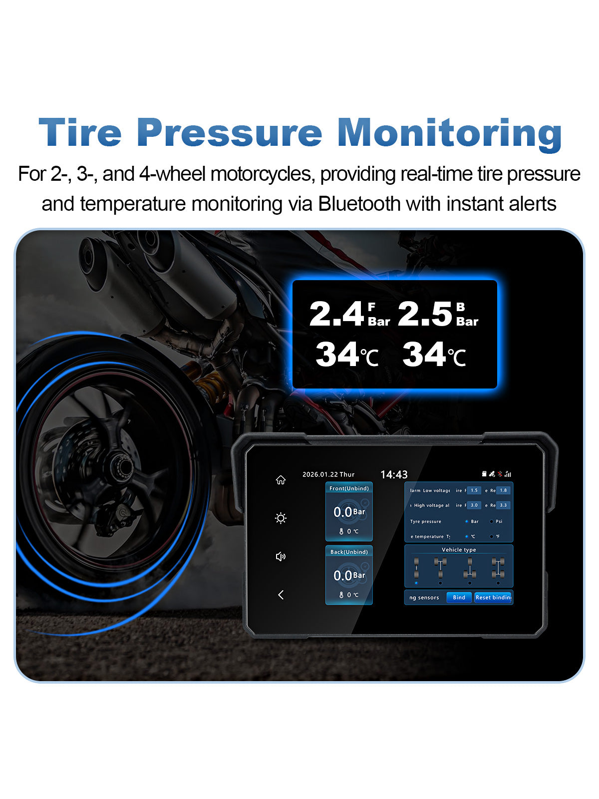 Linkifun MT24 7 inch 4G motorcycle navigation screen dash cam with Bluetooth TPMS tire pressure monitoring