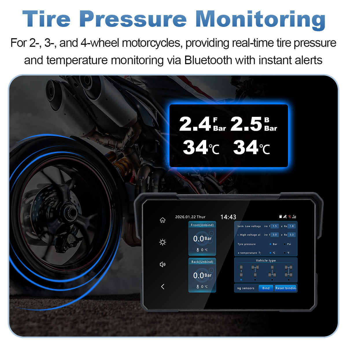 Linkifun™ MT24 7" 4G Motorcycle Smart Display – Wireless CarPlay & Android Auto, Remote Live Streaming, GPS, DVR & TPMS