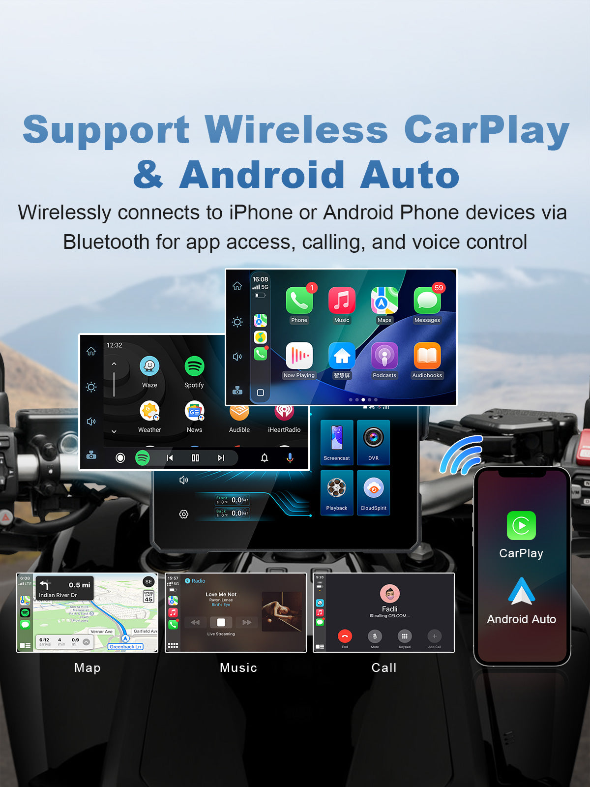 Linkifun MT24 7 inch 4G motorcycle navigation screen with wireless CarPlay and Android Auto